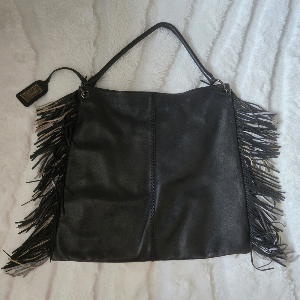 Badgley Mischka Fringe Black And Dove Two-tone Leather Hobo Bag